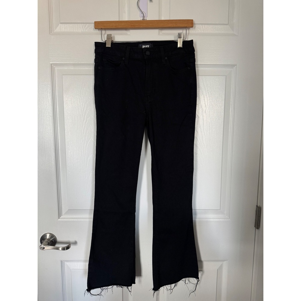 Paige Colette Crop Flare Jeans Black Raw Hem Size 27 High Rise Stretch Denim